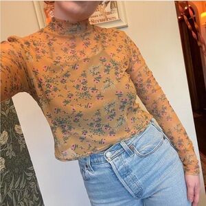 S Kimchi Blue (Urban Outfitters) yellow mesh mock neck long-sleeve crop top
